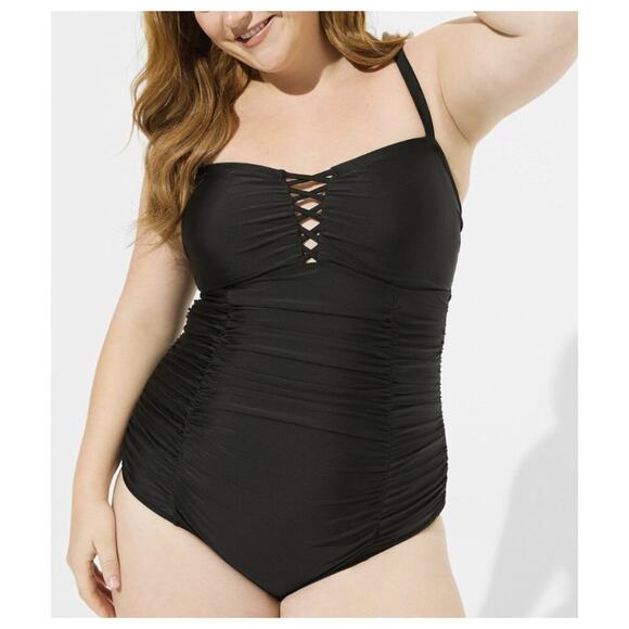 Torrid Slim Fix Wireless Lattice Front One Piece Swimsuit Black Size 3X - Picture 1 of 9